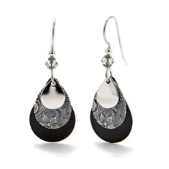Silver Forest Black And Silver-Tone Layered Metal Teardrop Earrings
