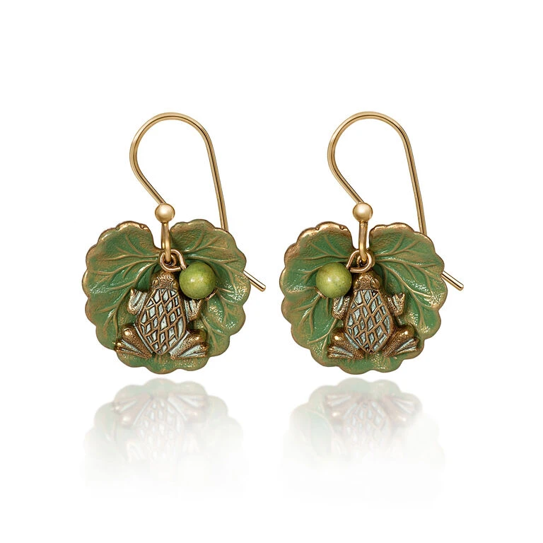 Silver Forest Frog On Lily Pad Layered Gold-Tone Metal Drop Earrings