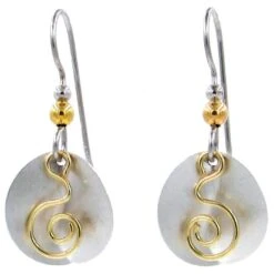 Gold Coil And Silver Creased Disc Drop Earrings